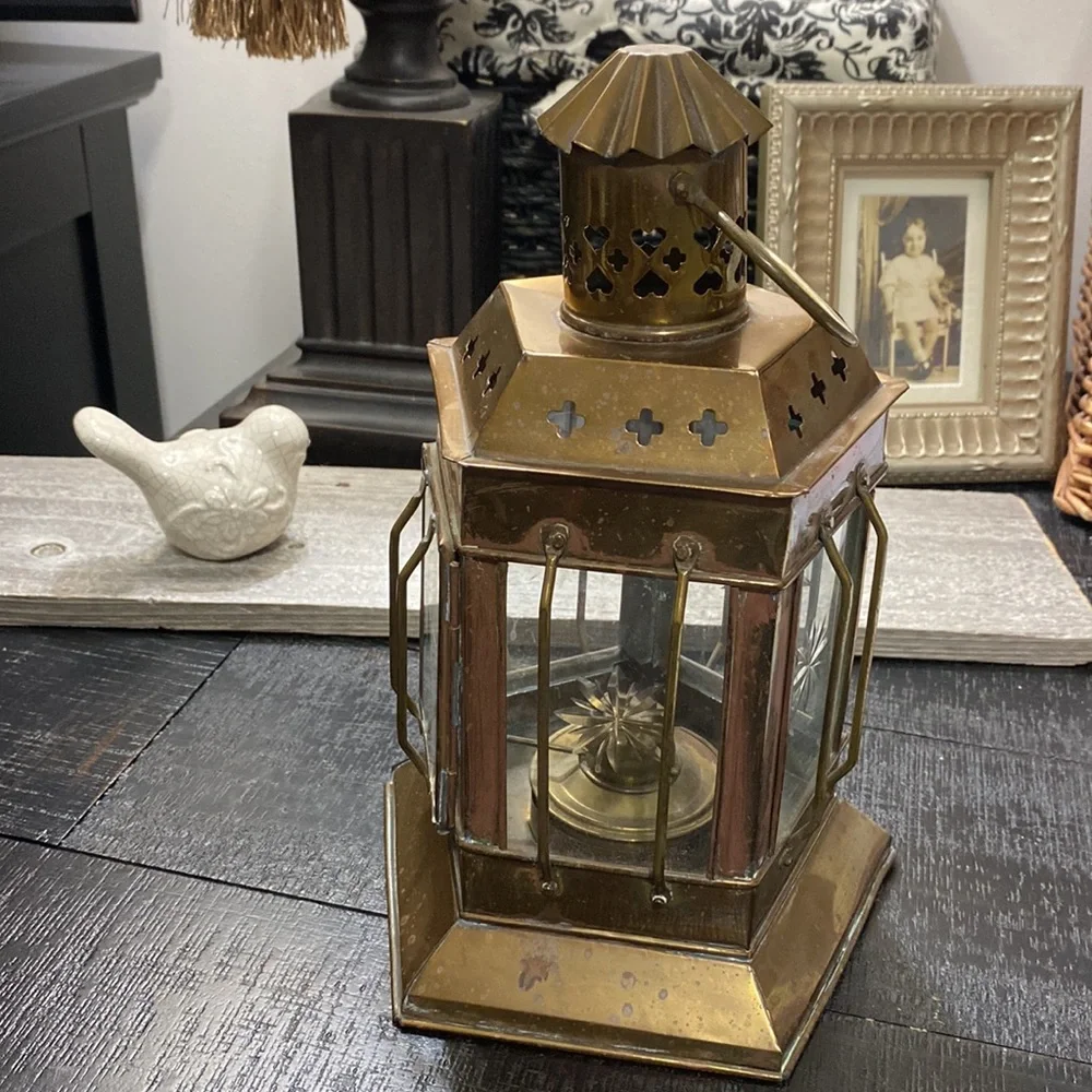 India Vintage Solid Brass Hexagonal Oil Lantern Decorative Accent!